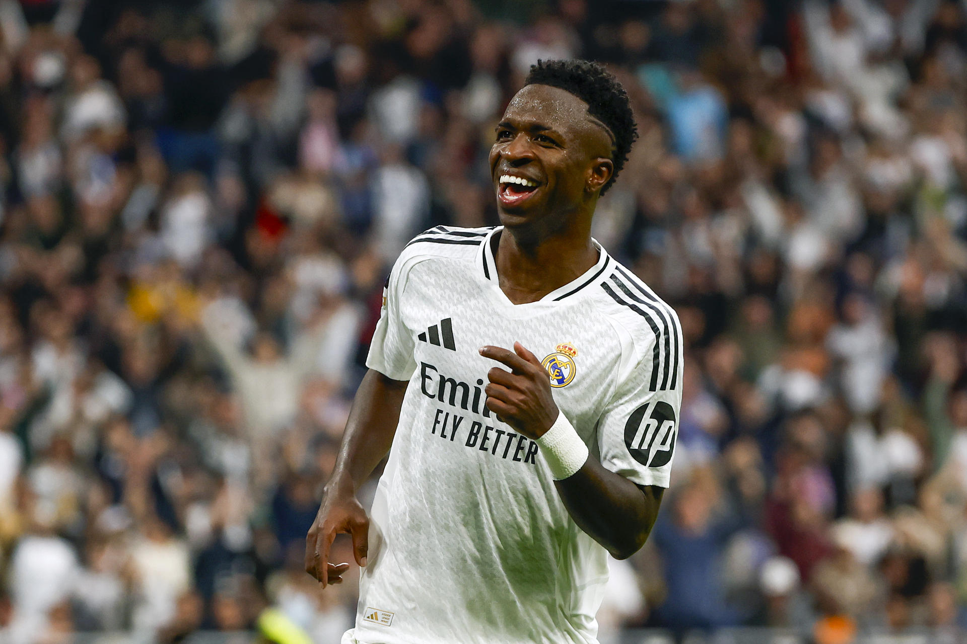 El delantero brasileño del Real Madrid Vinicius Junior celebra uno de sus goles. /Foto: EFE