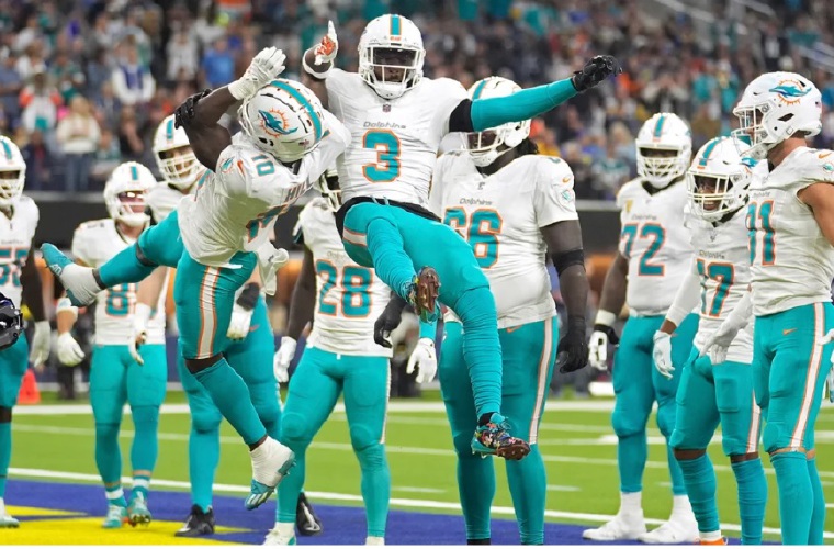 Los jugadores de los Delfines celebran una de las anotaciones. Foto: EFE