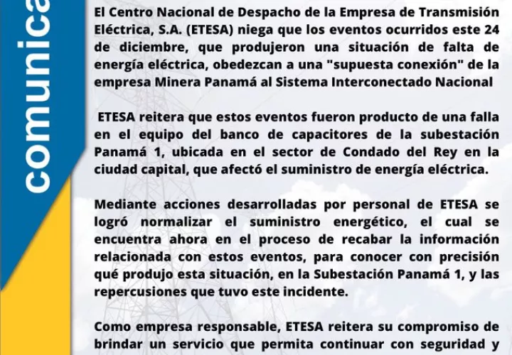 Comunicado oficial de Etesa.